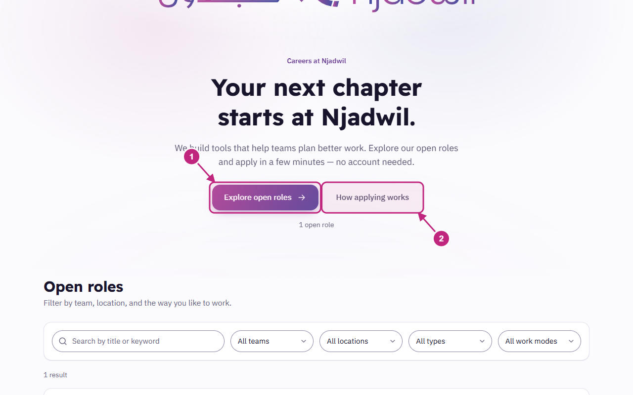 Home page: the Explore open roles button and the How applying works link