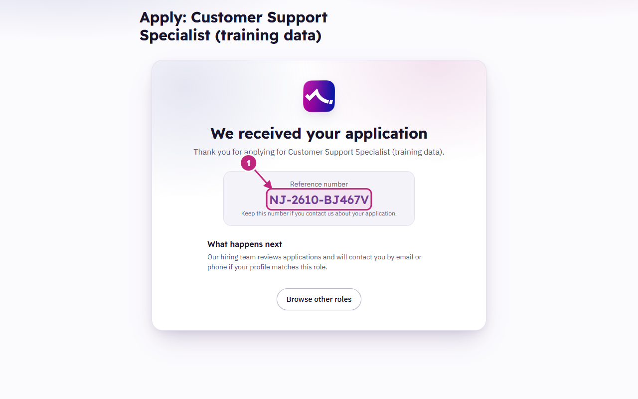 Success message and reference number